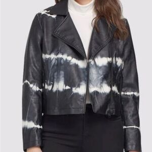 Black and White Tie-Dye Women's Faux Leather Biker Jacket Size S Zips